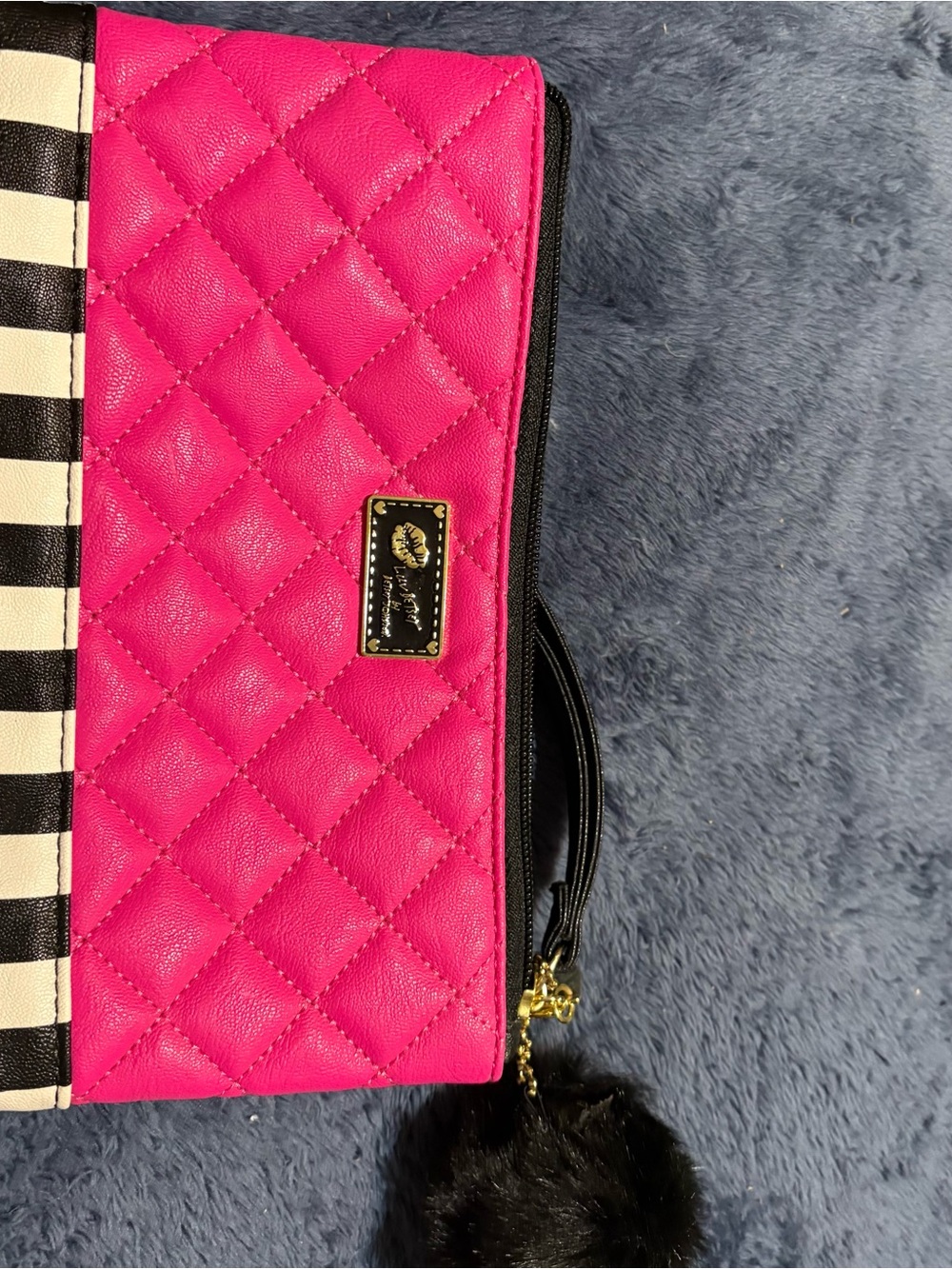 Betsey Johnson Hot Pink Quilted Clutch with Black & White Stripes